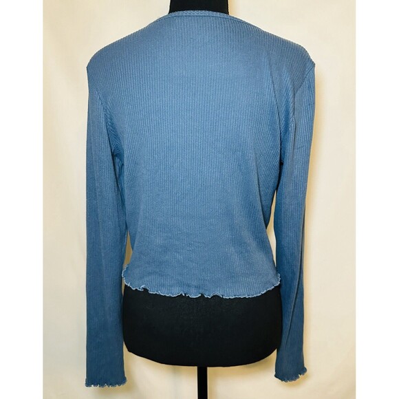 AMERICAN EAGLE Lettuce Cut Ribbed Crop Long Sleeve Blue Shirt Women's LARGE NWT - Picture 3 of 11